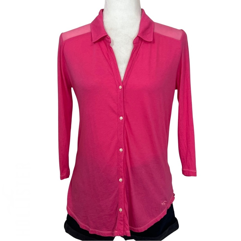 Hollister Tee Mesh Shoulder Button Front Hot Pink Barbiecore Medium M - Picture 17 of 17